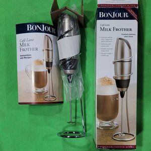 BonJour Battery-Powered Cafe Latte Frother with Stand, Chrome/Black